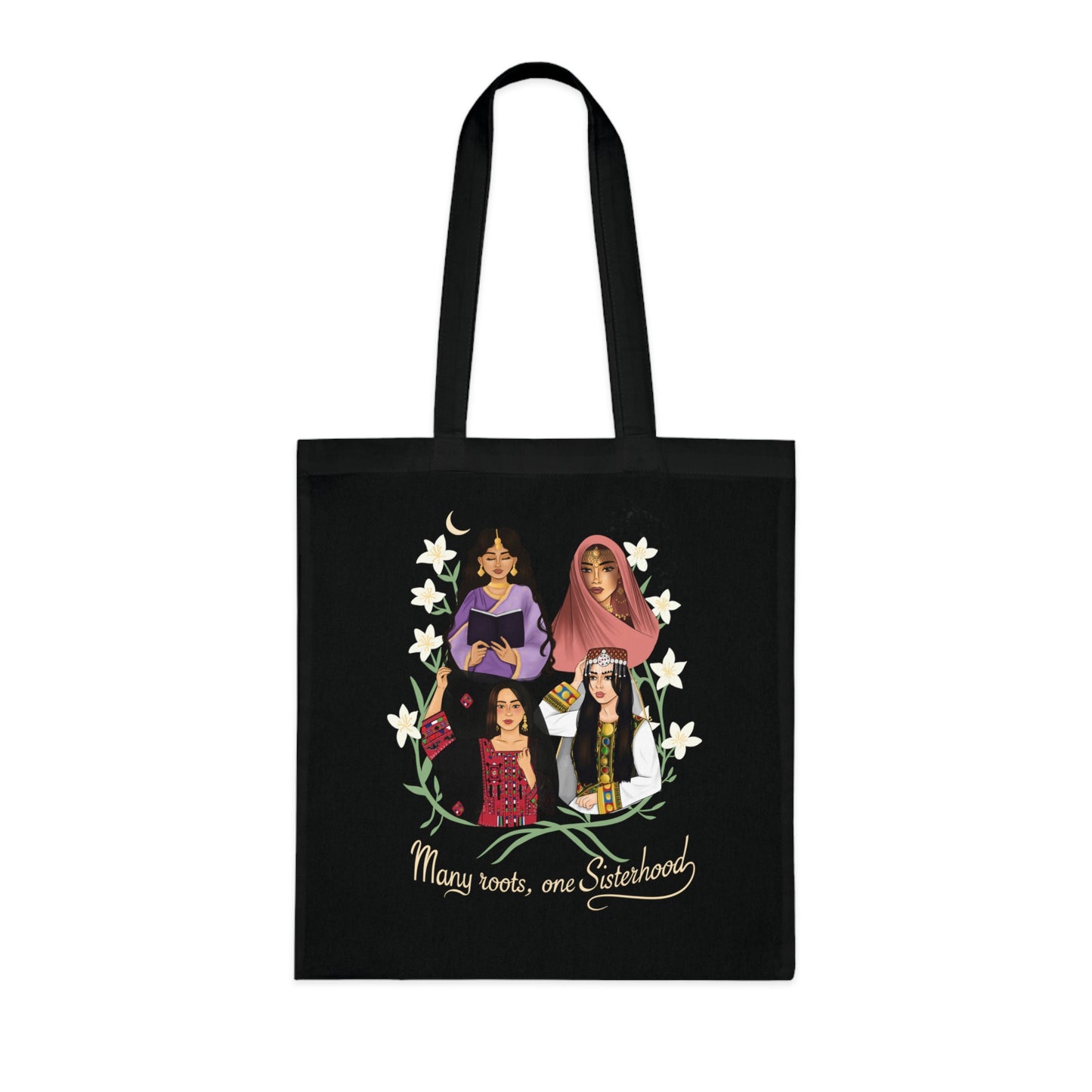 Empowered Women Illustration Cotton Tote | Diverse Female Portraits, Floral Wreath