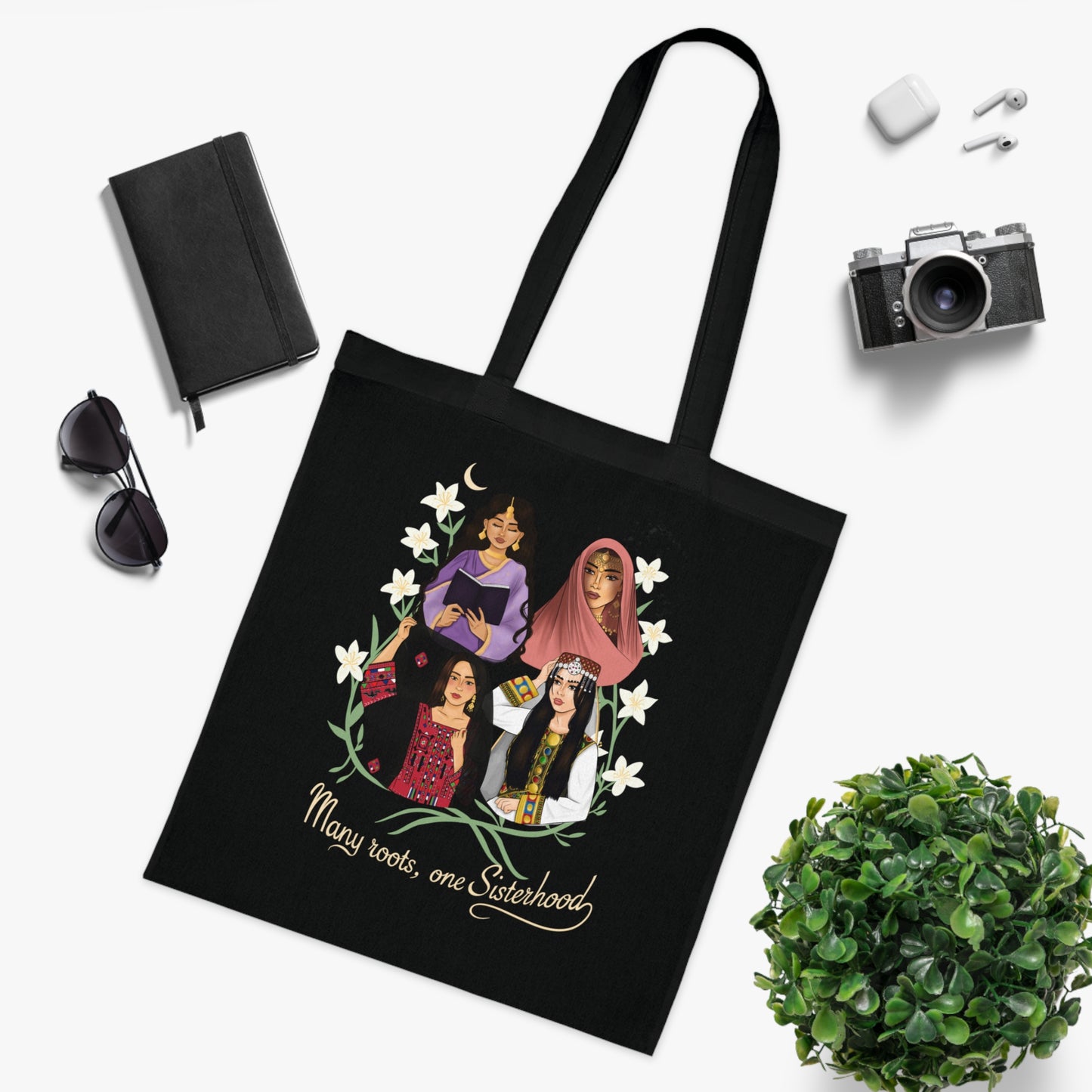 Empowered Women Illustration Cotton Tote | Diverse Female Portraits, Floral Wreath