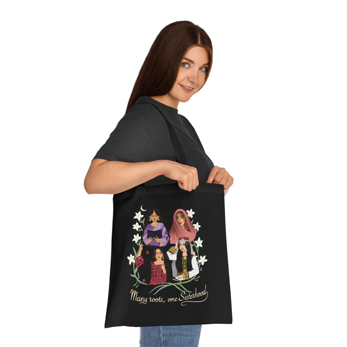 Empowered Women Illustration Cotton Tote | Diverse Female Portraits, Floral Wreath
