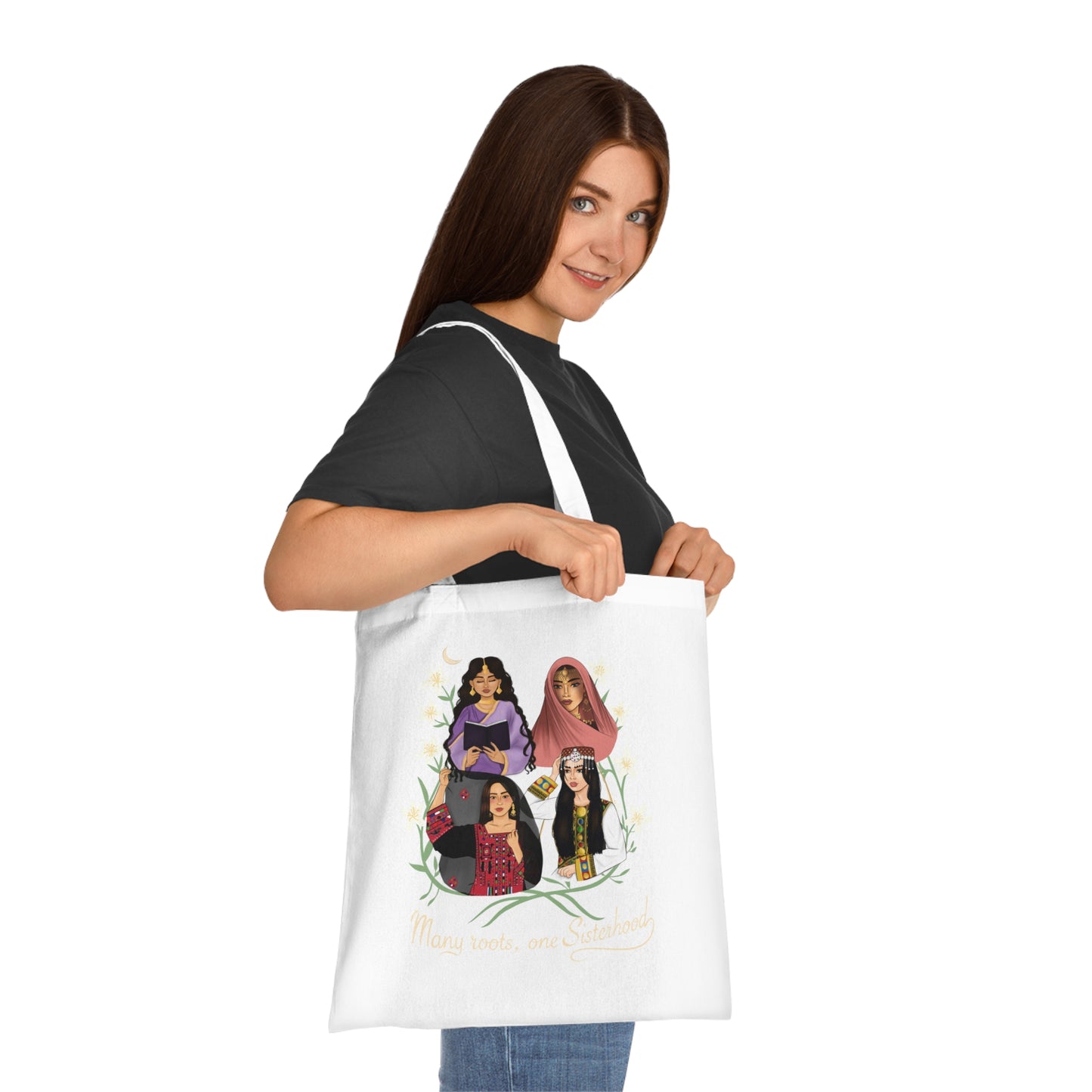 Empowered Women Illustration Cotton Tote | Diverse Female Portraits, Floral Wreath