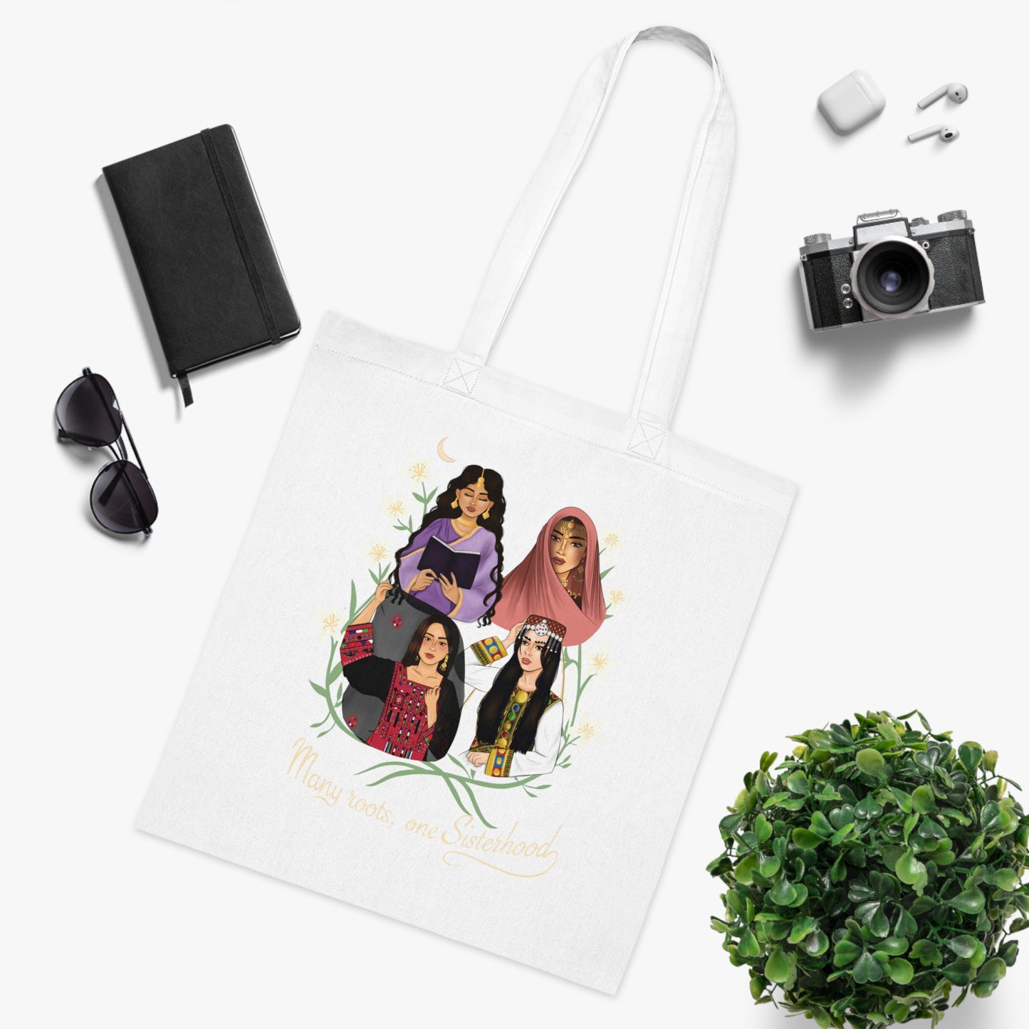 Empowered Women Illustration Cotton Tote | Diverse Female Portraits, Floral Wreath